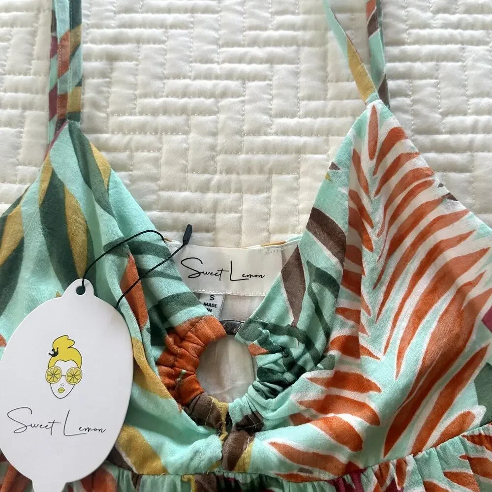 NWT Sweet Lemon Midi Sundress Adjustable Strap Mint Green Tropical Size Small